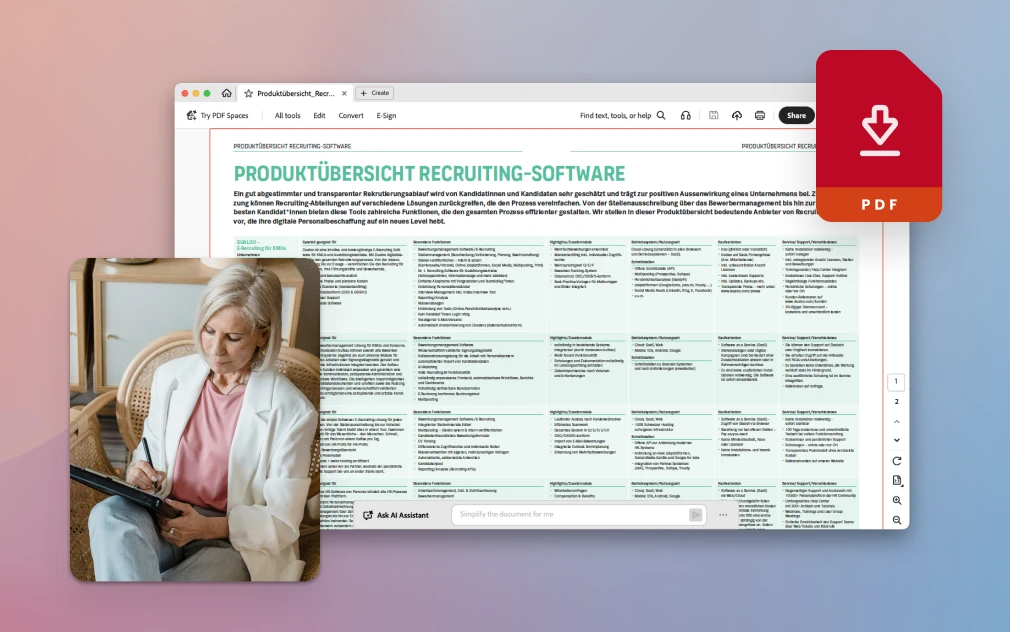 Eine moderne Werbegrafik zeigt oben einen geöffneten PDF Viewer mit einer Produktuebersicht zu Recruiting Software.