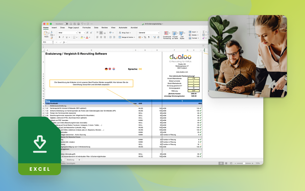 Excel-Tabelle mit Checklisten für Bewerbungsanforderungen und Download-Option.