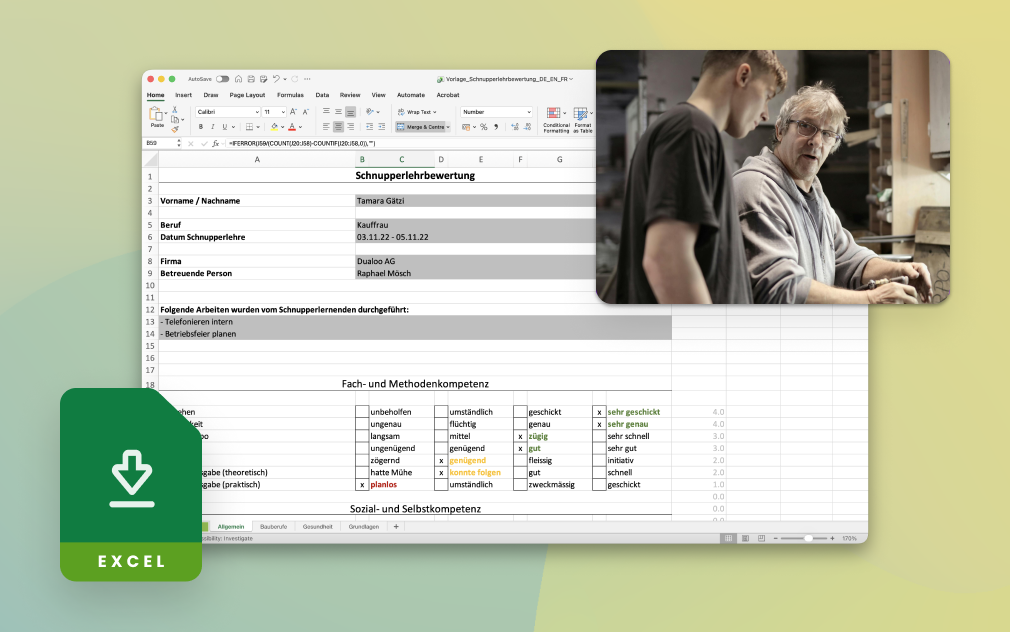 Excel-Tabelle mit Bewertungskriterien für eine Schnupperlehre.