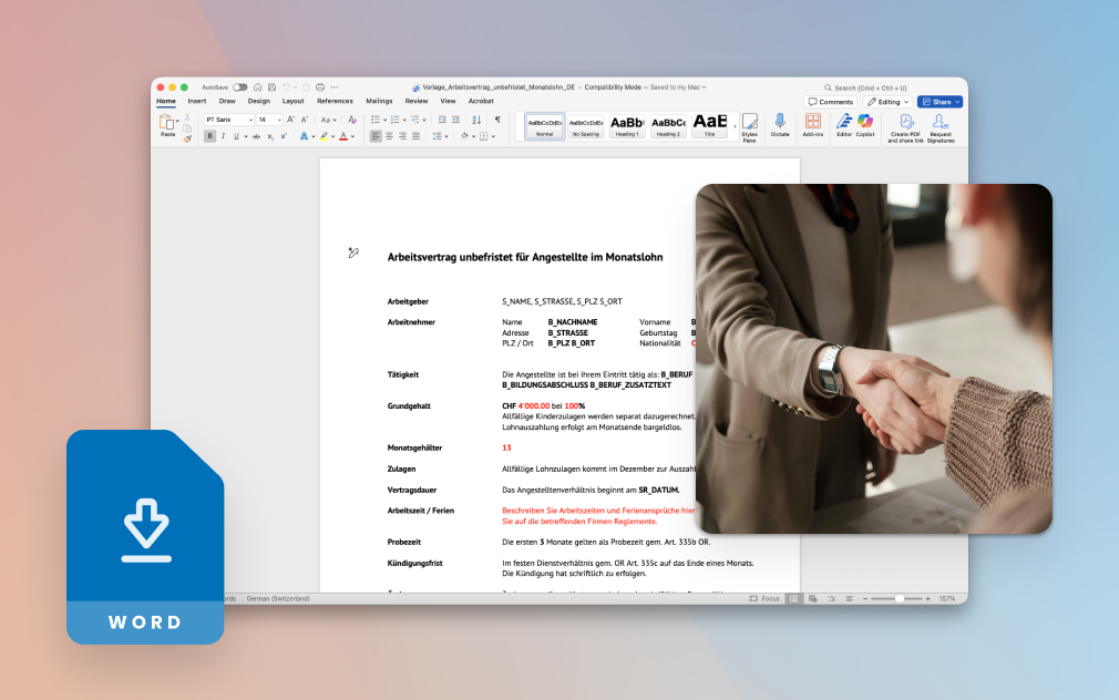 Muster eines Arbeitsvertrages als Worddokument zum Download.