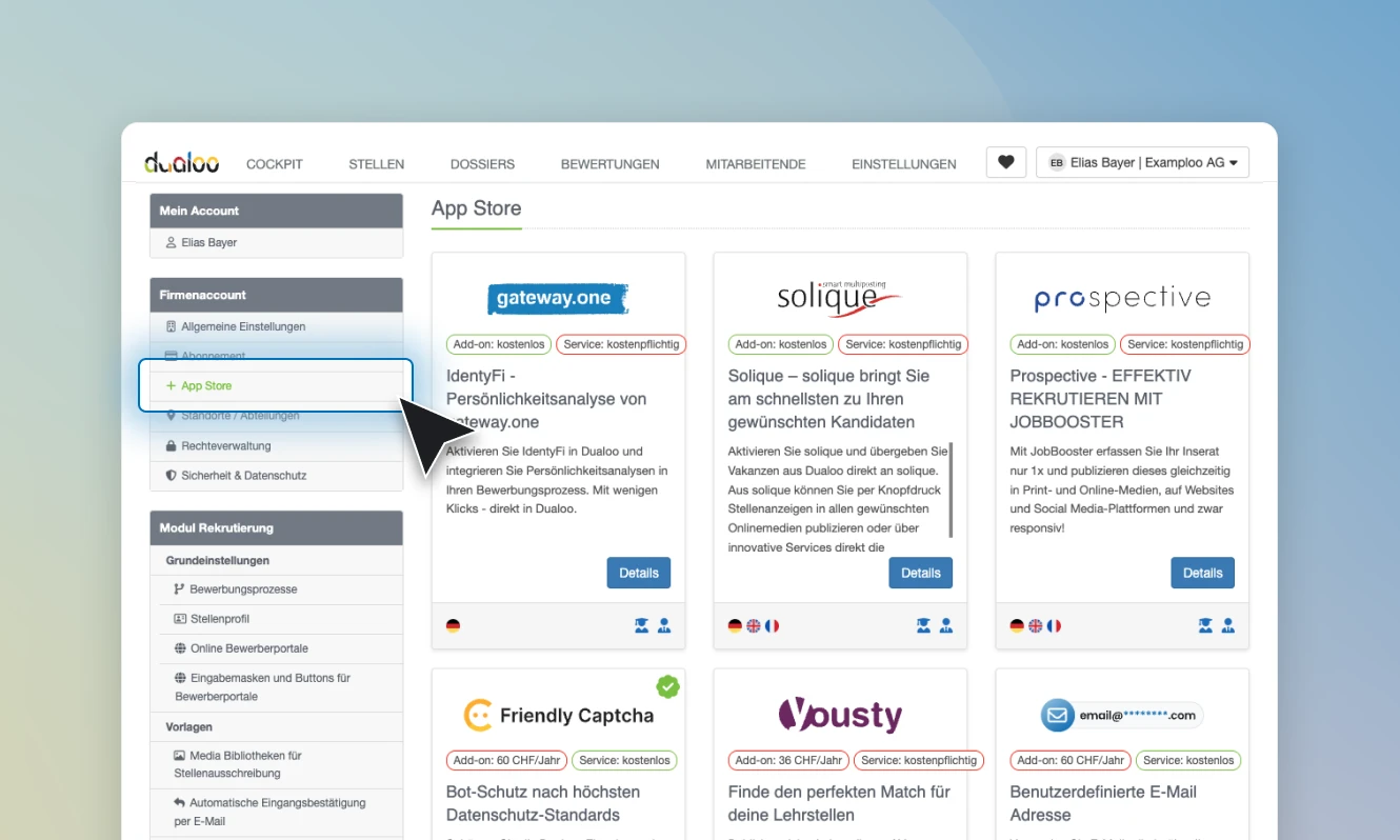 Dualoo App Store mit Integrationen für Jobplattformen und anderen Diensten.
