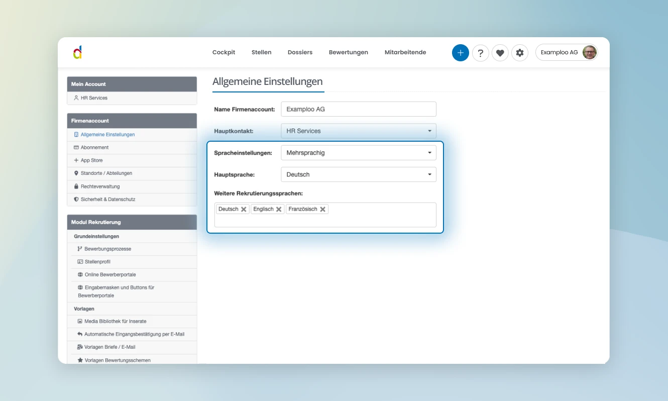 Einstellungen in der Dualoo Webapp eines Firmenaccounts mit hervorgehobenen Spracheinstellungen.
