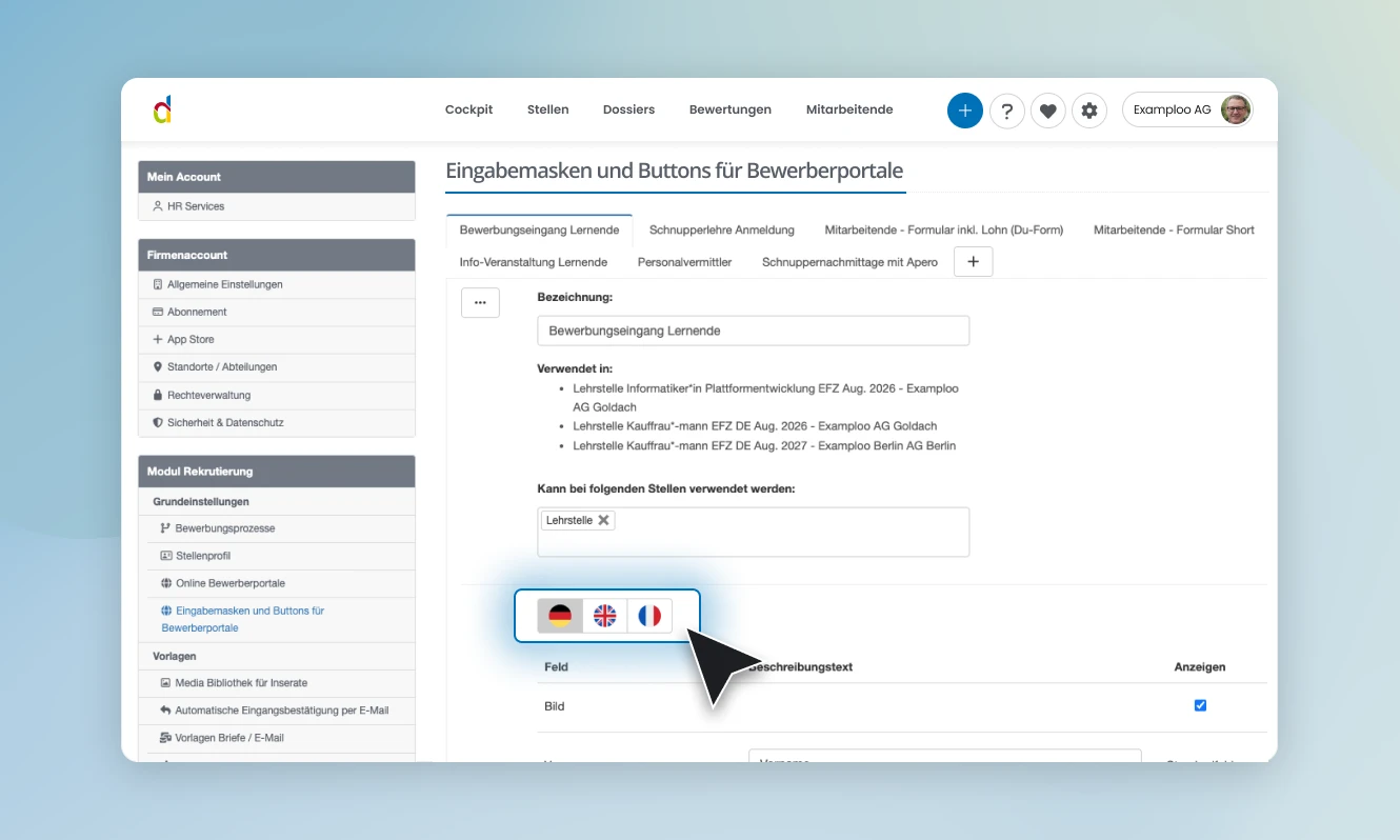 Einstellungen für Bewerbungsformulare mit Sprachauswahl für Deutsch, Englisch und Französisch.