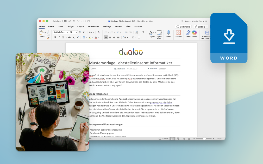 Word-Dokument mit Bildern für eine Stellenanzeige, verfügbar zum Download.