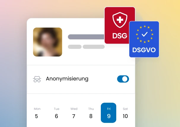 Datenschutz: Profil mit aktivierter Anonymisierung, DSG- und DSGVO-Logos.