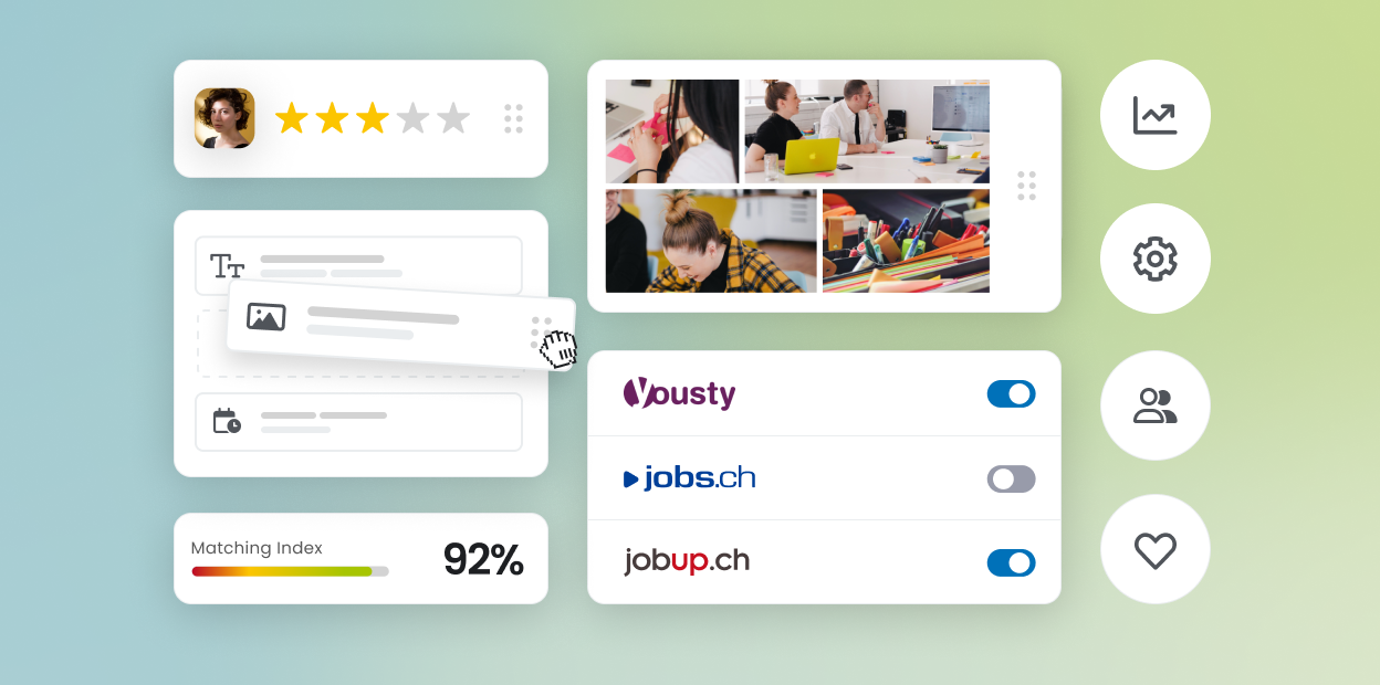 Benutzeroberfläche mit Profilbewertung, Matching-Index, Jobplattform-Schaltern und Büro-Fotos auf blau-grünem Hintergrund.