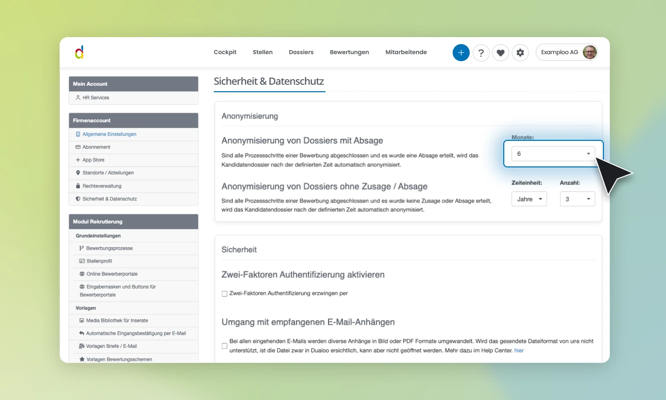 Anonymisierungseinstellungen für Dossiers in Dualoo